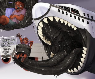 aircraft anthro black_body black_insides black_tongue blue_bottomwear blue_clothing blue_shorts bodily_fluids bottomwear brown_body brown_fur brown_hair clothed clothing cutaway duo fur grey_background hair inside_stomach machine male male_anthro male_prey mouth_shot narrowed_eyes open_mouth oral_vore orange_eyes pupils red_sclera saliva saliva_on_tongue saliva_string short_hair shorts simple_background slim_anthro slim_male slit_pupils tongue unwilling_prey vehicle vore white_body swampjaws bear living_aircraft living_machine living_vehicle mammal hi_res