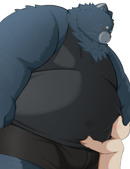 anthro belly big_belly clothing duo kemono male overweight overweight_male shirt simple_background size_difference standing topwear underwear white_background trail_arnak domestic_cat felid feline felis mammal 2026 absurd_res hi_res