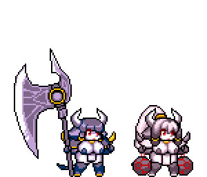 armor axe battle_axe big_breasts bottomwear breasts clothing fantasy_weapon female gold_(metal) greataxe hair horn loincloth melee_weapon metal_pasties pasties ponytail red_eyes weapon zaruku sorcerland cattla_(sorcerland) cowra_(sorcerland) bovid bovine cattle mammal animated low_res