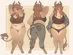 anthro barefoot bottomwear bra clothing ear_piercing ear_ring facial_piercing feet female hooves horn navel nose_piercing nose_ring pants piercing ring_piercing simple_background smile solo standing tail underwear niochem magda_(niochem) bovid bovine cattle mammal 2022