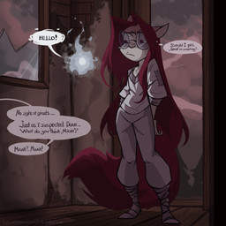 anthro boots bottomwear broken_window clothing detailed_background eyewear female footwear forest fur glasses hair hands_behind_back long_hair long_sleeve_shirt long_tail looking_at_another pants patched_clothing plant pointy_ears red_body red_eyes red_fur red_hair shoes solo speech_bubble tail text thought_bubble tree wearing_glasses white_body white_skin marcie_montis mirah_(marcie_montis) mirime ambiguous_species felid feline mammal spirit 1:1 digital_drawing_(artwork) digital_media_(artwork) english_text hi_res