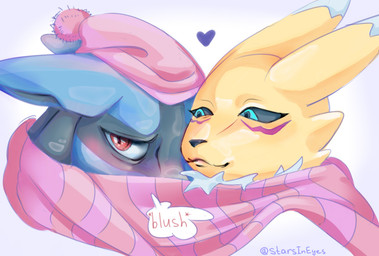 anthro black_body black_fur black_nose black_sclera blue_eyes blush cheek_tuft clothing cold duo ears_down eyebrows eyeliner facial_markings facial_tuft female fur fur_markings hat head_markings headgear headwear heart_symbol lips long_ears looking_aside looking_at_another makeup male markings mask_(marking) neck_tuft onomatopoeia pink_clothing pink_lips pivoted_ears purple_body purple_fur red_eyes romantic romantic_couple scarf shy simple_background size_difference smile sound_effects text tuft white_background white_body white_fur yellow_body yellow_fur starsineyes bandai_namco digimon nintendo pokemon canid digimon_(species) generation_4_pokemon lucario mammal pokemon_(species) renamon artist_name colored shaded