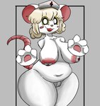 big_breasts breasts clothed clothing female fur headgear headwear huge_thighs looking_at_viewer navel nurse nurse_clothing nurse_headwear pawpads slightly_chubby smile solo thick_thighs white_body white_fur wide_hips yellow_eyes emiwatona lorna_(terrible_mouse) humanoid mammal mouse murid murine rodent hi_res