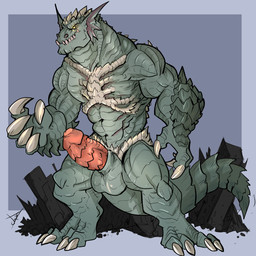 4_toes 5_fingers abs anthro balls biped claws erection feet finger_claws fingers genitals green_body male muscular muscular_anthro muscular_male nude paws pecs penis solo tail teeth toe_claws toes yellow_eyes vamp_arts abrax_(pyronite) monster scalie 1:1 hi_res
