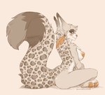 anthro areola big_tail biped blush breasts ear_piercing ear_tuft feather_ear_ring feathers feet female hindpaw leopard_spots looking_at_viewer nipples nude pawpads paws piercing sitting solo spots tail text tuft caninelove felid feline mammal 2018 artist_name dated digital_media_(artwork)