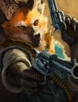 anthro bandolier bullet_belt clothed clothing fully_clothed fur gun handgun holding_gun holding_object holding_ranged_weapon holding_weapon looking_at_viewer orange_body orange_fur ranged_weapon revolver solo topwear vest weapon yellow_eyes chichapi sam_(sawolf151) canid canine mammal maned_wolf 2015 digital_media_(artwork) portrait