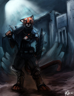 armor female knight looking_at_viewer melee_weapon red_eyes ruins shield solo sword warrior weapon darksilver cougar felid feline mammal