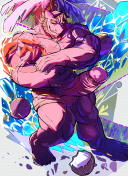 ambiguous_fluids balls big_breasts bodily_fluids breasts bubble cum eyebrows genital_fluids genitals grin hair male male/male muscular nipples pecs penis pubes scar sex simple_background smile solo woof_bolw nintendo pokemon humanoid absurd_res hi_res