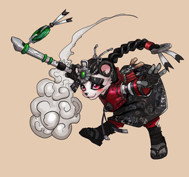 3_toes 4_fingers accessory anthro black_body black_fur black_hair black_nails black_nose blush blush_stickers bottomwear braided_hair braided_ponytail clothing cloud colored_nails countershade_face countershading feet female fingerless_gloves fingers flute footwear fur gem gloves hair hair_accessory hair_ring handwear headband leg_wraps musical_instrument nails pattern_bottomwear pattern_clothing pattern_skirt ponytail pose red_clothing red_eyes red_shirt red_topwear sandals shirt shoes simple_background skirt smile solo tan_background toes topwear wind_instrument woodwind_instrument wraps young young_anthro young_female pungbaek blizzard_entertainment warcraft li_li_stormstout bear mammal pandaren 2022 colored digital_drawing_(artwork) digital_media_(artwork) hi_res