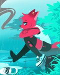 anthro cigarette clothed clothing detailed_background footwear fully_clothed fur outside plant puddle raining red_body red_fur shoes smoke smoking smoking_cigarette solo hydrabb canid canine fox mammal 2024 4:5 absurd_res digital_media_(artwork) hi_res