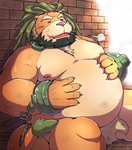 anthro belly blush bottomwear bound chain chained clothing eyes_closed kemono loincloth male moobs nipples overweight overweight_anthro overweight_male solo emufu lifewonders tokyo_afterschool_summoners arsalan_(tas) felid lion mammal pantherine 2017 hi_res