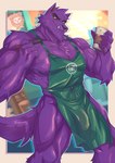 5_fingers anthro apron apron_only bulge clothing coffee_cup container cup detailed_bulge fingers fur genital_outline green_apron green_clothing hair holding_coffee_cup holding_container holding_cup holding_object holding_pen male male_anthro mature_male mostly_nude muscular muscular_anthro muscular_male pen penis_outline purple_body purple_fur purple_hair red_eyes solo standing yellow_sclera mr._deathcat cartoon_network mythology ok_k.o.!_let's_be_heroes bernard_(ok_k.o.!_lbh) canid canine canis mammal mythological_canine mythological_creature werecanid werecanine werecreature werewolf wolf 2023 absurd_res hi_res