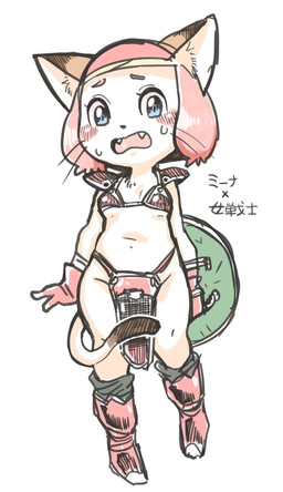 armor bikini_armor blue_eyes blush bodily_fluids fangs female hair looking_at_viewer navel nipple_outline open_mouth pink_hair shield solo sweat sweatdrop teeth text unconvincing_armor whiskers oposa brave_story meena domestic_cat felid feline felis mammal hi_res japanese_text