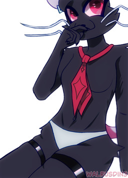 anthro big_eyes black_body black_fur breasts clothing female fur necktie panties pink_tail red_eyes slim small_breasts solo tail underwear whiskers walrusdin3 epic_games fortnite camille_(fortnite) mammal mouse murid murine rodent absurd_res hi_res