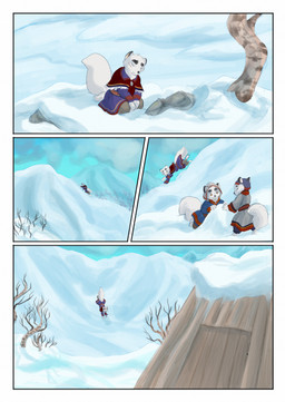 ambiguous_gender anthro blue_sky cloud day fur holding_object hut mountain outside plant rock scar short_tail sky snow tail tree white_body white_fur white_tail bjekkergauken unni_(bjekkergauken) arctic_fox canid canine fox mammal true_fox 2025 colored comic hi_res