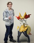 ambiguous_gender anthro black_body black_fur clothed clothing duo fur gesture hand_gesture inner_ear_fluff male pointing pose red_eyes simple_background smile tail tuft yellow_body yellow_fur austinarts4 jerma985 nintendo pokemon real_world jeremy_harrington braixen generation_6_pokemon human mammal pokemon_(species) 2023 absurd_res digital_media_(artwork) hi_res