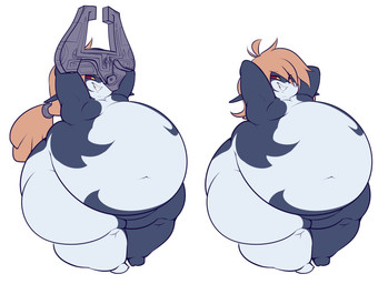 belly big_belly big_breasts breasts clothing female fused_shadow hair headgear headwear huge_belly huge_breasts huge_hips huge_thighs obese obese_female orange_hair overweight overweight_female red_eyes simple_background solo thick_thighs white_background wide_hips princecoffeecakes nintendo the_legend_of_zelda twilight_princess midna humanoid imp twili 2025 absurd_res hi_res