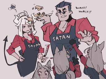 5_fingers apron arm_hair armband black_hair blood blood_on_weapon bodily_fluids body_hair breasts clothing dialogue dirty eyewear female fingers food gloves grabbing group hair hair_bun hand_on_hip handwear heart_symbol holding_knife holding_object holding_plate horn knife long_hair looking_at_another male markings mole_(marking) open_mouth pancake plate red_eyes shirt short_hair simple_background spade_tail sunglasses tail text text_on_apron text_on_clothing text_on_topwear topwear vest weapon white_body white_hair white_horn white_skin aamond helltaker cerberus_(helltaker) lucifer_(helltaker) protagonist_(helltaker) animal_humanoid canid canid_humanoid canine canine_humanoid demon demon_humanoid dog_humanoid human humanoid mammal mammal_humanoid english_text hi_res