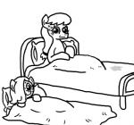 bed bodily_fluids duo earth_pony emerald_jewel_(colt_quest) equid equine fan_character female feral ficficponyfic furniture hasbro hope_blossoms_(colt_quest) horse mammal monochrome my_little_pony pillow pony simple_background stain sweat white_background young young_feral