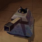 ambiguous_gender armored_vehicle black_body black_fur box_fort cardboard feral fur inside shadow solo tank tuft vehicle catwheezie domestic_cat felid feline felis mammal 1:1 2020 absurd_res hi_res signature