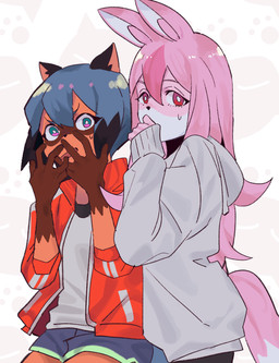 anthro black_hair blue_body blue_eyes blue_fur blue_hair bodily_fluids bottomwear brown_body brown_fur clothed clothing covering covering_face dolphin_shorts duo facial_markings female fluffy fur gloves_(marking) hair head_markings jacket long_hair looking_at_viewer markings mask_(marking) multicolored_hair pink_body pink_fur pink_hair shorts sweat topwear white_body white_fur takao_0901 brand_new_animal studio_trigger michiru_kagemori nazuna_hiwatashi canid canine fox mammal raccoon_dog tanuki 2020 absurd_res hi_res