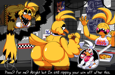 anthro beak beakless bib big_breasts big_butt black_eyes bottomwear breasts butt cheek_tuft clothing cross-popping_vein dialogue eyelashes eyes_closed facial_tuft feathers featureless_crotch female female_anthro food grey_eyes group head_feathers head_tuft holding_food holding_object holding_pizza huge_butt inside machine orange_bottomwear orange_clothing overweight overweight_female pink_clothing pink_eyes pink_topwear pizza question_mark rosy_cheeks sharp_teeth stuck tail tail_feathers teeth text thick_thighs toothed_beak topwear tuft white_body white_feathers wide_hips window winged_arms wings wire yellow_body yellow_feathers thenarrator34 five_nights_at_freddy's five_nights_at_freddy's_2 five_nights_at_frickbear's_(series) five_nights_at_frickbear's_3 freddy_fazbear's_pizzeria_simulator scottgames chica_(fnaf) chica_(frickbear's) funtime_chica_(fnaf) funtime_chica_(frickbear's) funtime_cupcake_(fnaf) funtime_cupcake_(frickbear's) toy_chica_(fnaf) toy_chica_(frickbear's) withered_chica_(fnaf) withered_chica_(frickbear's) animatronic avian bird chicken galliform phasianid robot 2026 colored digital_drawing_(artwork) digital_media_(artwork) english_text hi_res shaded