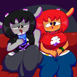 alternative_fashion anthro bendy_straw beverage big_breasts big_butt black_hair blue_eyes breasts brown_body brown_fur butt clock clothed clothing crop_top curvy_figure dialogue drinking_straw duo eyelashes female fingers fur furniture goth grey_body grey_fur hair horn hourglass_figure huge_breasts huge_butt lips midriff red_hair shirt simple_background simple_eyes sipping sitting smile sofa text thick_thighs topwear voluptuous watch wide_hips wristwatch 3barts juice_that_makes_you_cum parappa_the_rapper sony_corporation sony_interactive_entertainment um_jammer_lammy lammy_lamb rammy_lamb bovid caprine mammal sheep 1:1 2020 absurd_res digital_media_(artwork) english_text hi_res