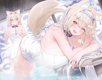 accessory bent_over big_breasts blonde_hair blue_eyes blue_headband blue_highlights blue_inner_ear blue_nails blush breasts choker colored_nails duo female hair headband highlights_(coloring) hot_spring inner_ear_fluff jewelry long_hair looking_at_viewer mostly_nude nails necklace pink_eyes pink_headband pink_highlights pink_inner_ear pink_nails short_hair snow steam tail thick_thighs towel tuft water white_inner_ear_fluff yellow_tail keiillustrator hololive hololive_en vtuber fuwawa_abyssgard mococo_abyssgard animal_humanoid canid canid_humanoid canine canine_humanoid humanoid mammal mammal_humanoid sibling_(lore) sister_(lore) sisters_(lore) twins_(lore)