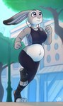 anthro athletic_wear belly big_belly bottomwear bouncing_breasts bra breasts clothed clothing exercise female fur grey_body grey_fur jogging outside pregnant pregnant_anthro pregnant_female shorts smile solo sports_bra topwear underwear workout workout_clothing workout_outfit drxii disney zootopia judy_hopps lagomorph leporid mammal rabbit digital_media_(artwork) hi_res