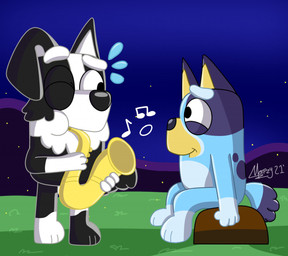 anthro black_body black_fur blue_body blue_fur bodily_fluids chest_tuft dipstick_limbs dipstick_tail duo female fur grass half-closed_eyes log male markings multicolored_body multicolored_fur multicolored_tail musical_instrument musical_note musical_symbol narrowed_eyes night paws pivoted_ears plant saxophone semi-anthro sitting star sweat symbol tail tail_markings tail_tuft tuft tufted_fur white_body white_fur wind_instrument wood woodwind_instrument merpzyberpzy bluey_(series) bluey_heeler mackenzie_(bluey) australian_cattle_dog border_collie canid canine canis cattledog collie domestic_dog herding_dog mammal pastoral_dog sheepdog 2021 digital_media_(artwork) signature