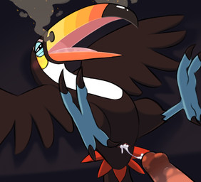 ambiguous_gender animal_genitalia anthro avian_butt beak bestiality big_beak black_body black_feathers bodily_fluids claws cloaca cum cum_in_cloaca cum_inside cum_string disembodied_penis duo feathered_wings feathers feral genital_fluids genitals horizontal_cloaca human_on_feral humanoid_genitalia humanoid_penis interspecies lying male male/ambiguous on_back open_beak open_mouth penis pokephilia pull_out toe_claws wings ahatas nintendo pokemon avian bird generation_7_pokemon human mammal piciform pokemon_(species) toucannon hi_res