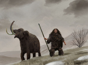 beard brown_body brown_fur cloud cloudy_sky dead_tree duo facial_hair feral fur grass hair long_hair melee_weapon pale_skin plant polearm prehistoric_clothing proboscis_(anatomy) sky snow spear tree trumpeting trunk_(anatomy) tundra tusks weapon mihin89 archaic_human elephantid hominin mammal mammoth neanderthal prehistoric_species primate proboscidean woolly_mammoth 2018