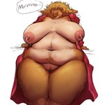 anthro belly_rolls belly_tuft big_breasts blonde_hair bodily_fluids breasts curvy_figure dialogue female fupa genitals greeting hair huge_thighs lactating leaning_on_wall messy_hair mostly_nude navel nipples open_bathrobe overweight pussy sagging_breasts solo speech_bubble talking_to_viewer text thick_thighs tuft wide_hips azathura bovid bovine cattle mammal 1:1 digital_media_(artwork) english_text hi_res