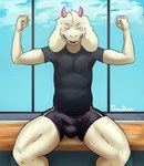 anthro athletic athletic_male athletic_wear biped blush bodily_fluids bottomwear bulge clothing detailed_bulge dolphin_shorts eyes_closed femboy fur genital_outline gym gym_bottomwear gym_shorts male male_anthro penis_outline raised_arm shorts sideways-pointing_bulge smile solo spread_legs spreading sweat sweaty_armpit tight_clothing white_body white_fur snowdoeer deltarune undertale_(series) ralsei bovid caprine mammal absurd_res hi_res