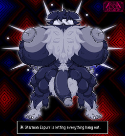 abs abstract_background anthro areola arm_hair arm_tuft balls barazoku barefoot biceps big_areola big_balls big_breasts big_muscles big_nipples big_penis blue_body blue_fur blue_penis body_hair breast_tuft breasts butt_hair cheek_tuft chest_hair chest_tuft claws clothed clothing ear_markings eyewear facial_tuft feet flaccid fluffy fluffy_balls fluffy_breasts fluffy_chest foreskin front_view fur fur_markings fusion genitals glasses glowing glowing_body grey_areola grey_nipples gynomorph hair hairy_breasts hands_on_hips happy_trail head_tuft huge_areola huge_breasts huge_muscles huge_nipples humanoid_genitalia humanoid_penis ineffective_clothing intersex leg_tuft markings multicolored_body multicolored_fur muscular muscular_anthro muscular_arms muscular_gynomorph muscular_intersex muscular_legs muscular_thighs nipples nude penis pose psychic psychic_energy psychic_powers pubes serious shoulder_tuft solo spread_legs spreading standing sunglasses text text_box toe_claws tuft two_tone_body two_tone_fur visor white_body white_body_hair white_fur white_hair white_pubes annaengine earthbound_(series) nintendo pokemon fan_character espurr felid feline generation_6_pokemon mammal pokemon_(species) starman absurd_res crossover digital_drawing_(artwork) digital_media_(artwork) english_text hi_res busty_boy_(lore) male_(lore)