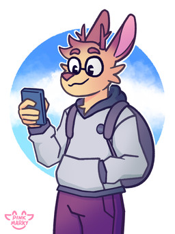 anthro antlers backpack cellphone clothed clothing electronics eyewear fur glasses holding_object holding_phone horn looking_at_object looking_at_phone male phone simple_background smile solo sweatshirt uniform yellow_body yellow_fur pink_marky mike_(pink_marky) jackalope lagomorph mammal 3:4 hi_res shaded simple_shading
