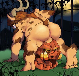 anthro anus backsack balls big_butt big_horn blonde_hair body_hair butt crescent_moon duo feet food fruit gate genitals glowing glowing_eyes hair hand_on_pole holidays horn jack-o'-lantern leg_hair male male/male moon night nude on_top_of_another outside overweight overweight_anthro overweight_male plant pumpkin rear_view shoulder_hair sitting_on_pumpkin soles tongue tusks yellow_body sinfulspikes oliver_baaple bovid caprine elemental_creature flora_fauna food_creature living_fruit mammal sheep suid suine sus_(pig) werecaprine werecreature weresheep wild_boar absurd_res hi_res