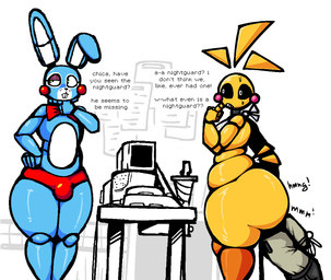 beakless big_butt blonde_hair blue_body blush blush_stickers bound bulge butt butt_smother face_in_ass female group hair head_on_butt long_ears machine male male/female muffled red_cheeks rosy_cheeks security security_guard smothering text trio yellow_body nanodude78 five_nights_at_freddy's five_nights_at_freddy's_2 scottgames toy_bonnie_(fnaf) toy_chica_(fnaf) animatronic avian bird chicken galliform human lagomorph leporid mammal phasianid rabbit robot english_text