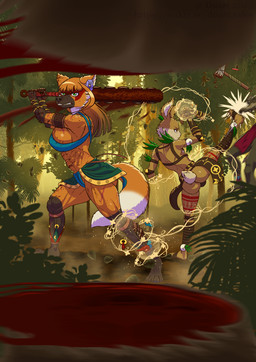 4_toes 5_fingers abs accessory anthro armor asian_clothing athletic athletic_anthro athletic_female axe barefoot big_breasts blood bodily_fluids bottomwear bracelet bracers breasts brown_body brown_fur butt clothed clothed_anthro clothed_female clothed_male clothing cotton_tail duo east_asian_clothing facial_markings feet female femboy fight fingers flower flower_in_hair forest fundoshi fur gloves_(marking) gold_(metal) gold_bracelet gold_jewelry hair hair_accessory harness head_markings hindpaw humanoid_hands japanese_clothing jewelry jungle kick larger_female leather leather_harness leg_markings leg_wraps loincloth macuahuitl male markings melee_weapon multicolored_body multicolored_fur orange_body orange_fur orange_hair outside page_number paws plant size_difference smaller_male socks_(marking) standing tail tan_body tan_fur text toes topless topless_anthro topless_male tree tribal tribal_markings two_tone_body two_tone_fur underwear weapon wraps duart.tales apuana viva_(duart.tales) canid canine lagomorph leporid mammal maned_wolf rabbit 2025 hi_res