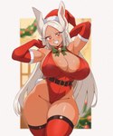 animal_ears animal_tail areola areola_slip armwear bell_bow belt big_breasts blush blush_lines breasts christmas_clothing christmas_headwear cleavage clothed clothing cotton_tail elbow_gloves eyelashes female front_view fur gloves hair handwear hat headgear headwear holidays huge_breasts legwear leotard long_hair looking_at_viewer pink_areola red_clothing red_eyes red_gloves red_handwear red_hat red_headwear red_legwear red_leotard red_thigh_highs santa_hat simple_background smile solo text thick_thighs thigh_highs white_background white_body white_fur white_hair wide_hips vizaz christmas my_hero_academia rumi_usagiyama animal_humanoid humanoid lagomorph lagomorph_humanoid leporid_humanoid mammal mammal_humanoid rabbit_humanoid artist_name hi_res watermark