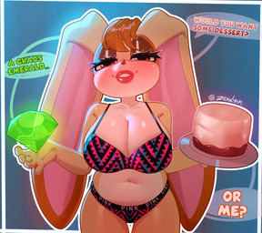 5_fingers amber_eyes anthro asking_viewer bedroom_eyes big_breasts big_ears bikini breasts cake chaos_emerald cleavage clothed clothing dessert dialogue eyelashes female fingers food gem hair holding_platter huge_breasts lipstick long_ears looking_at_viewer makeup mature_female midriff narrowed_eyes navel orange_hair pattern_bikini pattern_clothing pattern_swimwear pink_lipstick platter question seductive short_hair smile solo speech_bubble standing swimwear text twitter_handle two-piece_swimsuit zexlynk picket_fences sega sonic_the_hedgehog_(series) vanilla_the_rabbit lagomorph leporid mammal rabbit 2026 artist_name english_text hi_res