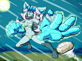 4_fingers action_pose anthro barefoot big_hands bikini bikini_bottom bikini_top black_sclera blue_body breasts clothing feet female fingers ice navel outside pose solo sun swimwear two-piece_swimsuit waffl3sk4t glacy_(waffl3sk4t) canid mammal 2020 absurd_res hi_res