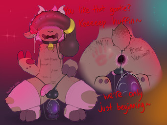 accessory anthro anus backsack ball_size_difference balls bell bell_collar big_balls big_butt big_penis bite_mark bodily_fluids body_writing brown_body butt buttplug cock_ring collar drooling femboy freckled_butt freckled_shoulders freckles gaping gaping_anus genital_fluids genitals graded_belly hair half_naked heart_symbol hooves humanoid_genitalia humanoid_penis jewelry male male/male nubbed_penis penis penis_accessory penis_jewelry penis_size_difference perineum pink_hair plug_(sex_toy) precum saliva sex_toy solo spank_marks spanked_butt tail tail_tuft tally_marks text thick_thighs tuft pseudokym bovid caprine goat mammal 2026 absurd_res hi_res