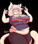 anthro belly belly_overhang belly_rolls big_belly big_breasts blush breasts clothing controller female food game_controller game_controller_shirt hair huge_breasts inner_ear_fluff muffin_top overweight overweight_anthro overweight_female pink_hair pizza prosthetic prosthetic_leg prosthetic_limb question_mark red_eyes shirt solo text thick_thighs tight_clothing tongue tongue_out topwear torn_clothing torn_shirt torn_topwear tuft doxxyl capri_(doxxyl) domestic_cat felid feline felis mammal english_text hi_res