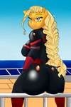 anthro armor big_breasts big_butt blonde_hair boat braided_hair breasts butt clothing female glistening glistening_clothing hair long_hair looking_at_viewer looking_back looking_back_at_viewer machine outside power_armor sitting smile solo vehicle watercraft lazulito 00284_(character) equid equine horse mammal pony 2:3 absurd_res hi_res