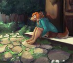 ambiguous_gender anthro clothing greenery hair hoodie orange_hair plant porch scenery shrub sitting sitting_on_ground solo topwear tree cinnamomo canid canine canis mammal wolf absurd_res hi_res