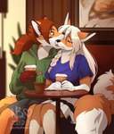 ambiguous_gender anthro beverage bite biting_another biting_face bottomwear bread cactus cactus_flower clothing coffee duo eyes_closed female flower food furniture hoodie nom open_mouth plant sitting skirt table topwear crazyfoxlady canid canine fox mammal red_fox true_fox hi_res watermark