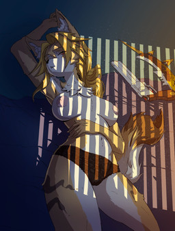 anthro areola bed black_clothing black_panties black_underwear blonde_hair breasts camel_toe chest_tuft clothing eyes_closed female fur furniture gun hair handgun inner_ear_fluff light light_beam lying lying_on_bed navel nipples on_back on_bed panties ranged_weapon revolver sleeping solo sunbeam sunlight tuft underwear weapon yellow_body yellow_fur kohei_(artist) mihoyo zenless_zone_zero pulchra_fellini felid feline mammal absurd_res hi_res