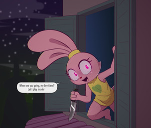 anthro barefoot bottomless bottomless_female caught clothed clothing crazy_eyes cute_fangs dialogue earband escape fangs feet female flat_chested glowing glowing_eyes heart_symbol insane knife night peril pink_eyes shirt shirt_only smile solo speech_bubble star teeth text topwear topwear_only wide_eyed window young young_female e254e cartoon_network chowder_(series) panini_(chowder) lagomorph leporid mammal rabbit absurd_res english_text hi_res