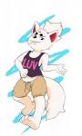 abstract_background anthro barefoot biped bottomwear bulge canid canine clothed clothing clothing_lift conditional_dnp erobos feet fox front_view hi_res kitsune_(ero) male mammal midriff shirt shirt_lift short short_male shorts smile solo tank_top third-party_edit topwear